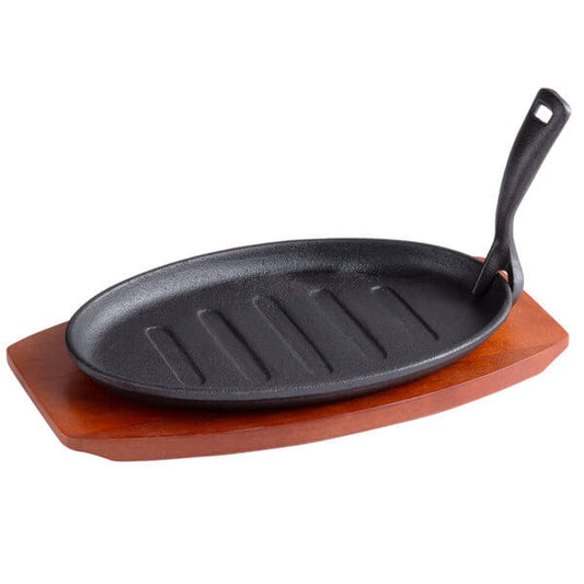 Oval Cast Iron Fajita Skillet with Gripper and Wood Underliner 12 5/8" x 7 1/8" - Best before food